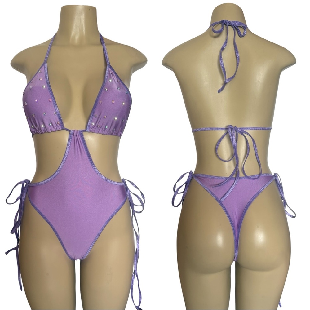 Lilac Cutout One-Piece Swimsuit with Rhinestone Detail